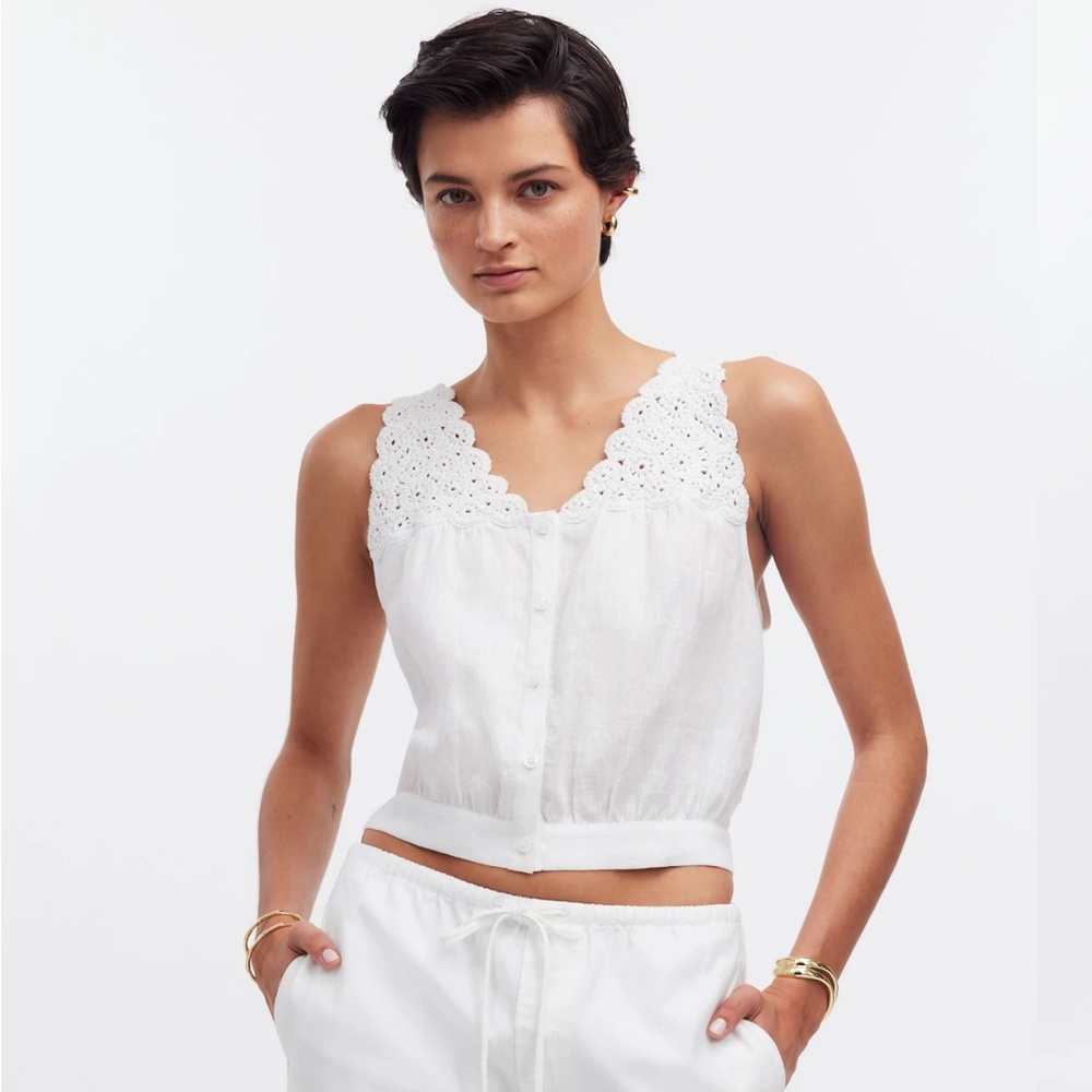Madewell Embroidered V-Neck Bubble Top | White | Size 6